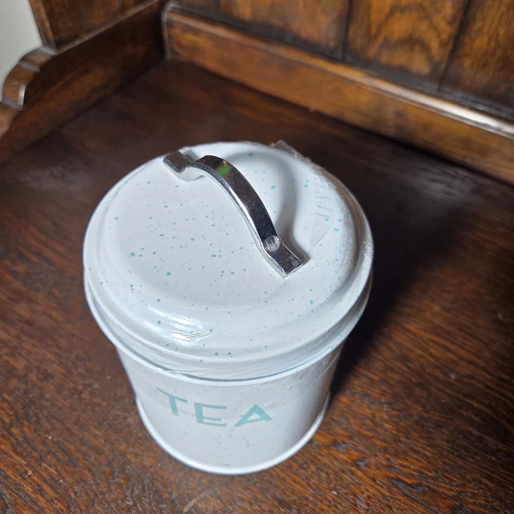 White Tea Canister with Mint Green Lettering